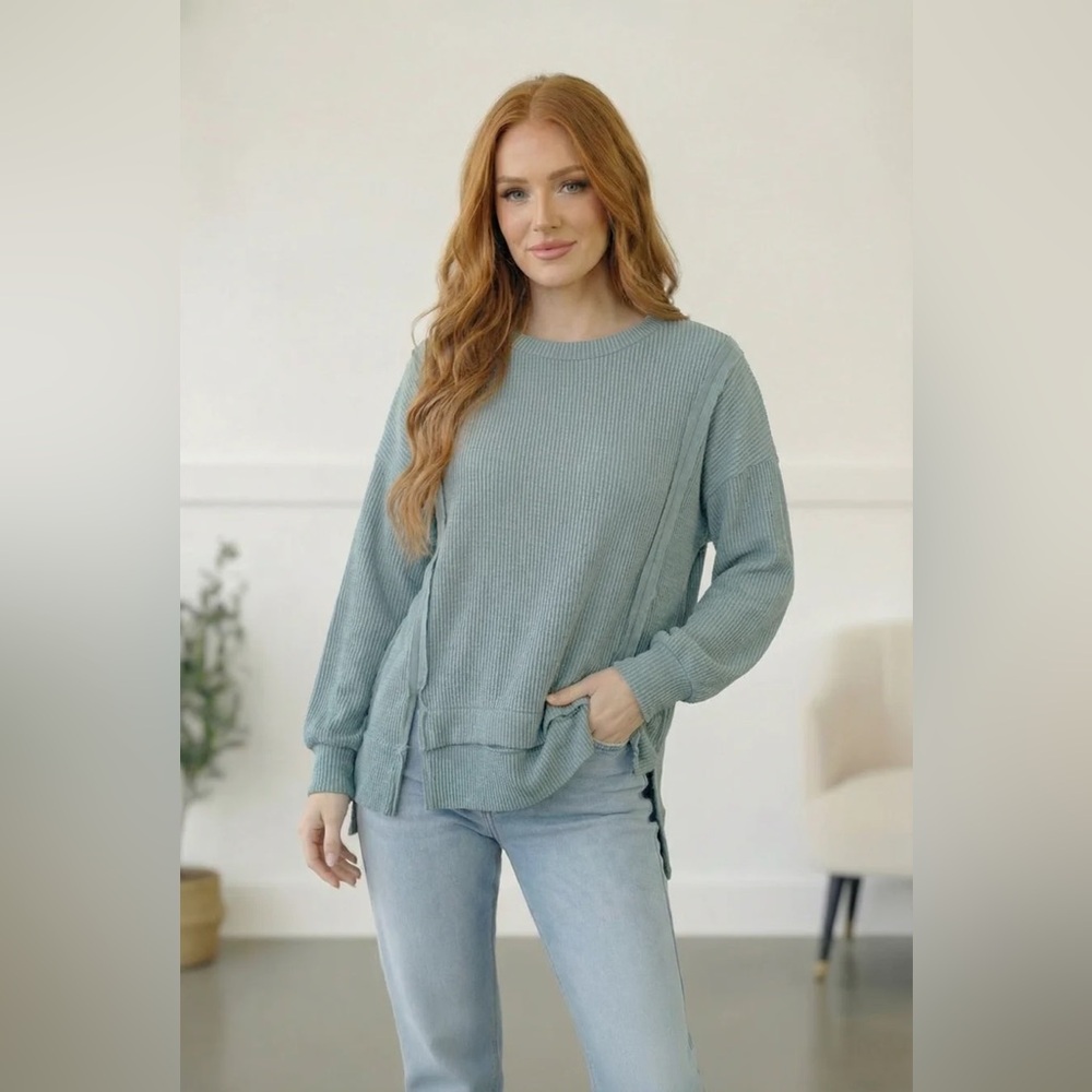 Haptics Wavy Ribbed Split Hem Long Sleeve Top